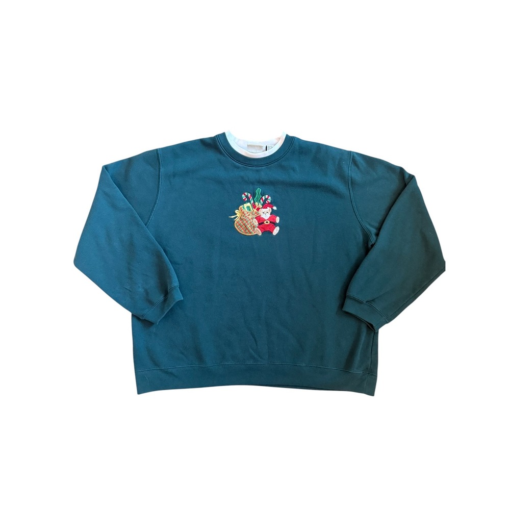 Classic Elements Vintage Christmas Teddy Bear Santa Sweatshirt Green XL
